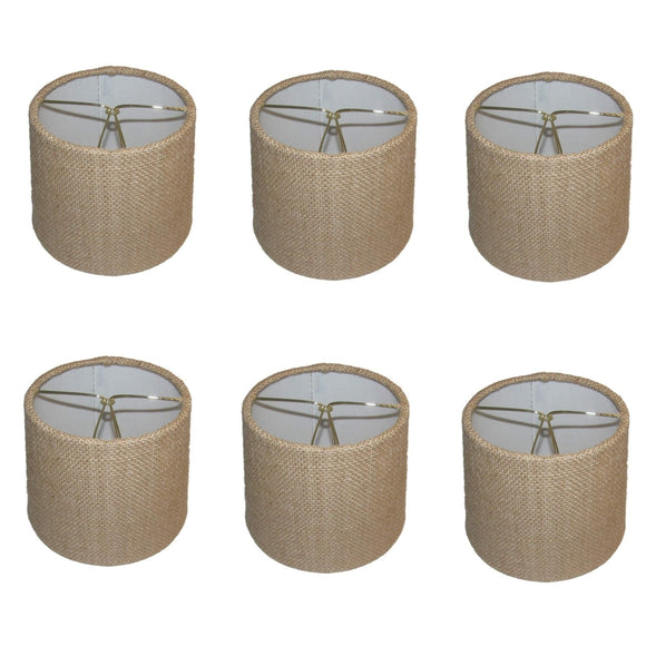UpgradeLights Beige Burlap 6 Inch European Drum Chandelier Lamp Shades (Set of 6) with Matching Chain Cover