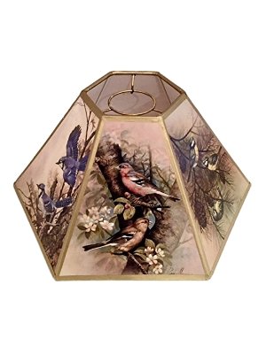 Bird Motif Printed Panel with Gold Trim 10 Inch Hex Chimney Style Lampshade