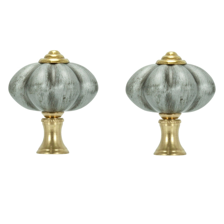 Pair of Brushed Nickel FInials and Chain Pull With Gold
